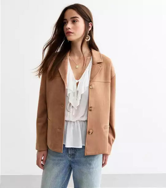 Tan Button Up Suedette Jacke